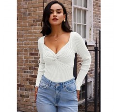 LILLUSORY 여성 2023 가을 섹시한 트위스트 매듭 탑 리브 니트 티셔츠 탑 귀여운 스웨터 긴 소매 티셔츠 블라우스