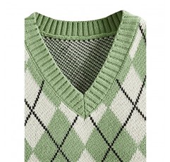 SweatyRocks 여성용 체크 무늬 지오 민소매 V 넥 니트 크롭 탑 스웨터 조끼
