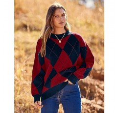 BTFBM 여성용 스웨터 가을 2023 아가일 오버 사이즈 스웨터 크루 넥 긴 소매 풀오버 니트 격자 무늬 점퍼 겨울 의류