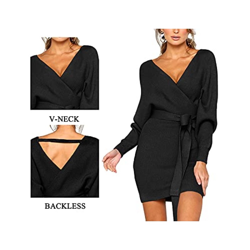 CHERFLY 여성용 V 넥 스웨터 드레스 Batwing 긴 소매 Backless Bodycon 복장(벨트 포함)