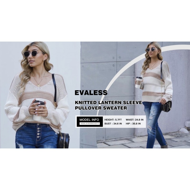 EVALESS Womens 스트라이프 니트 오버사이즈 크롭 V 넥 스웨터 풀오버 캐주얼 루즈 긴 소매 컬러 블록 탑