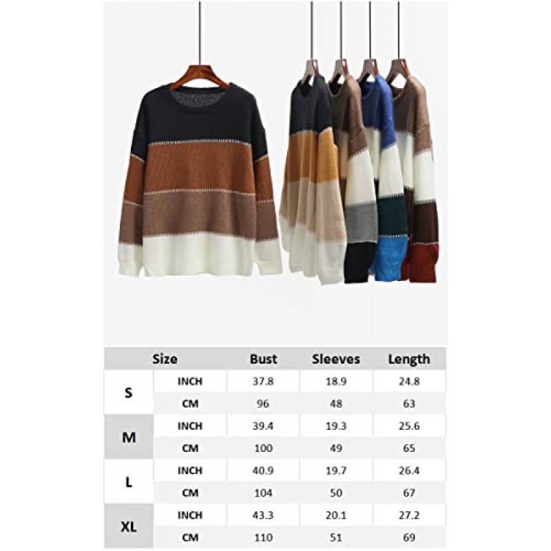 Angashion 여성용 스웨터 캐주얼 긴 소매 크루넥 컬러 블록 패치워크 풀오버 니트 스웨터 상의
