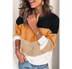 Angashion 여성용 스웨터 캐주얼 긴 소매 크루넥 컬러 블록 패치워크 풀오버 니트 스웨터 상의