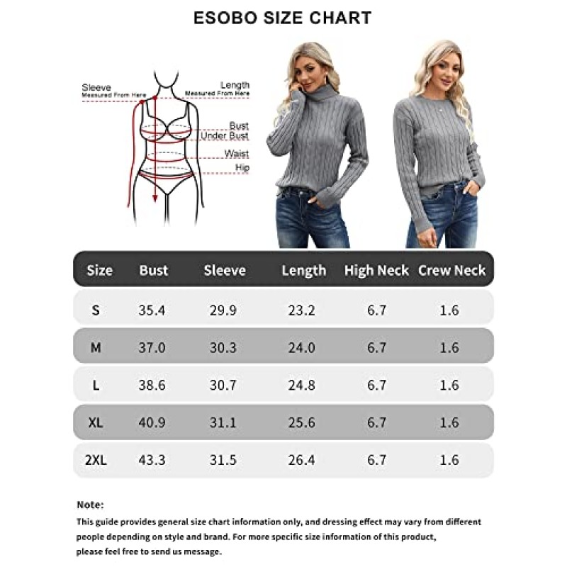 Esobo 여성용 클래식핏 경량 케이블 긴 소매 모크넥 루즈 캐주얼 스웨터 점퍼