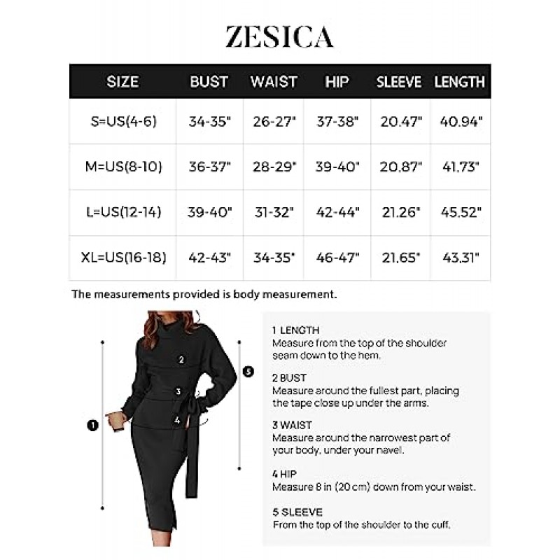 ZESICA 여성용 터틀넥 스웨터 미디 드레스 긴 소매 골지 니트 바디콘 슬릿 드레스(벨트 포함)