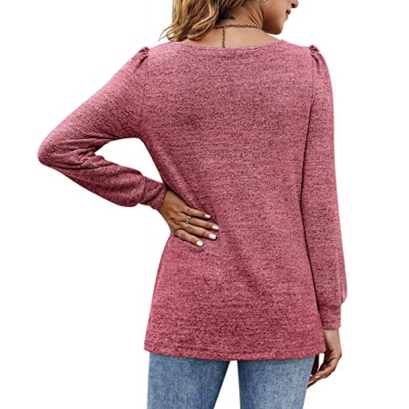 BZB 여성용 튜닉 탑 레깅스 스퀘어 넥 퍼프 슬리브 셔츠 캐주얼 가을 스웨터 S-2XL