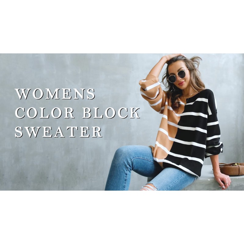 Fisoew Womens 스트라이프 풀오버 스웨터 크루 넥 긴 소매 니트 컬러 블록 캐주얼 루즈 경량 스웨터 여성용