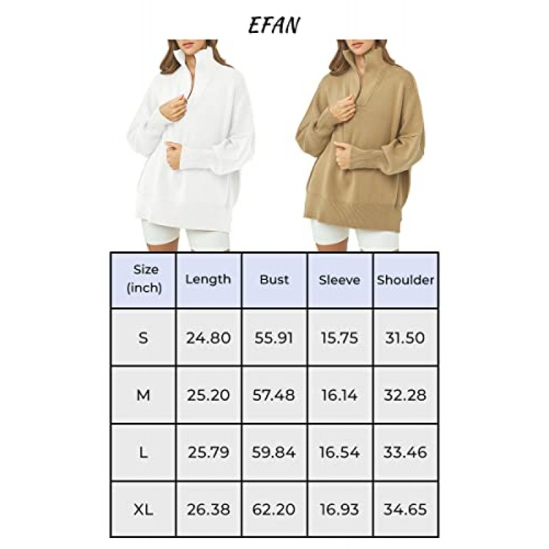 EFAN 여성용 쿼터 지퍼 풀오버 ​​2023 가을 긴 소매 칼라 드롭 숄더 스플릿 밑단 Slouchy 스웨트 니트 스웨터