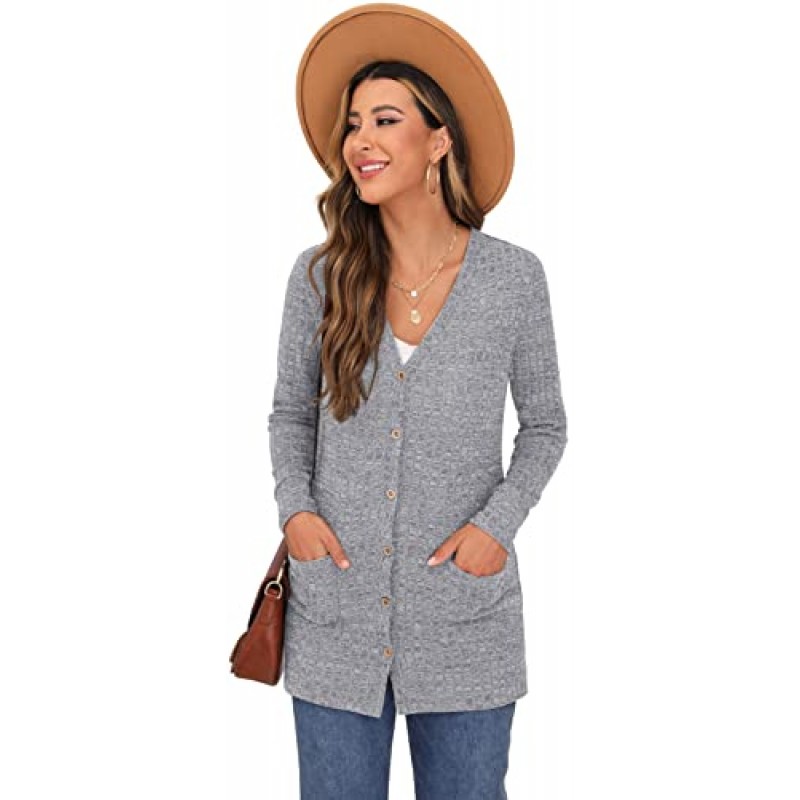 GRECERELLE 여성용 긴 소매 오픈 프론트 카디건 버튼 다운 골지 포켓이 있는 경량 니트 겉옷