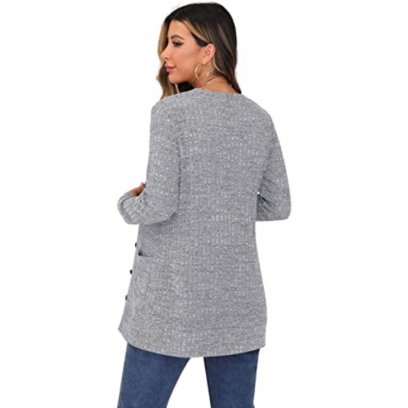 GRECERELLE 여성용 긴 소매 오픈 프론트 카디건 버튼 다운 골지 포켓이 있는 경량 니트 겉옷