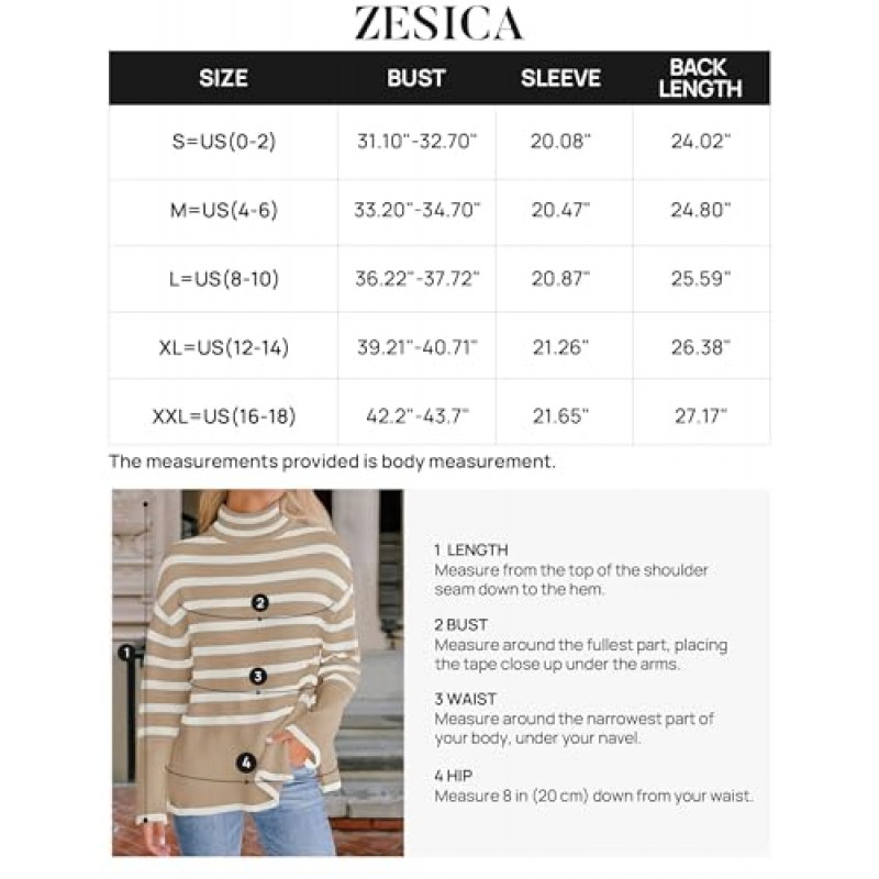 ZESICA 여성용 2023 겨울 스웨터 캐주얼 터틀넥 긴 소매 스트라이프 사이드 슬릿 루즈 풀오버 스웨터 점퍼 탑