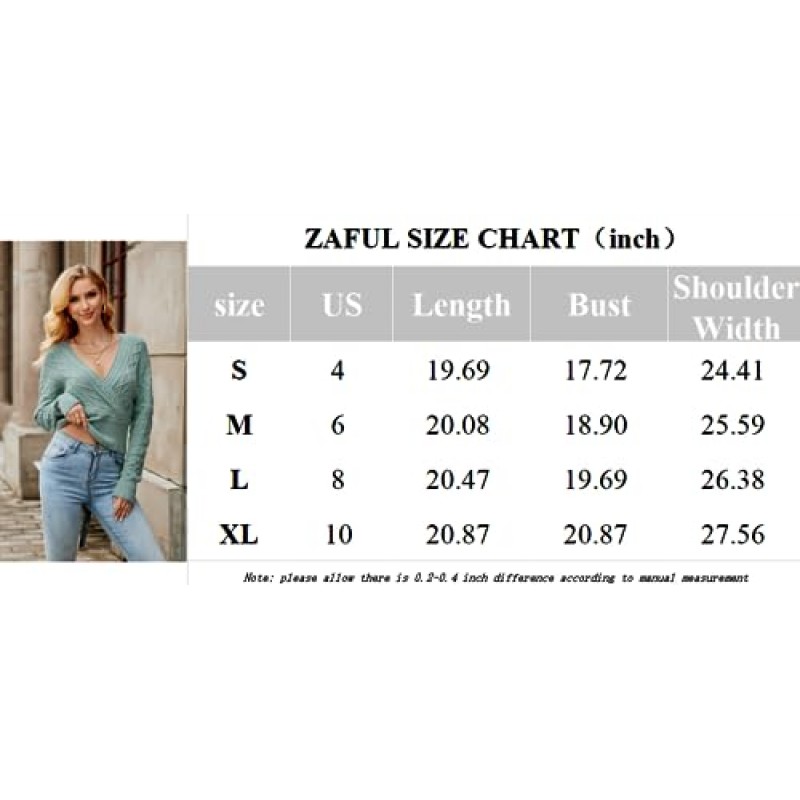 ZAFUL 여성용 V 넥 케이블 니트 스웨터 긴 소매 립 크롭 탑 랩 서플리스 솔리드 캐주얼 풀오버 점퍼