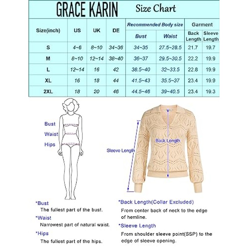 GRACE KARIN 여성 중공 스웨터 옷깃 칼라 v 넥 긴 소매 니트 캐주얼 풀오버 스웨터 점퍼 탑