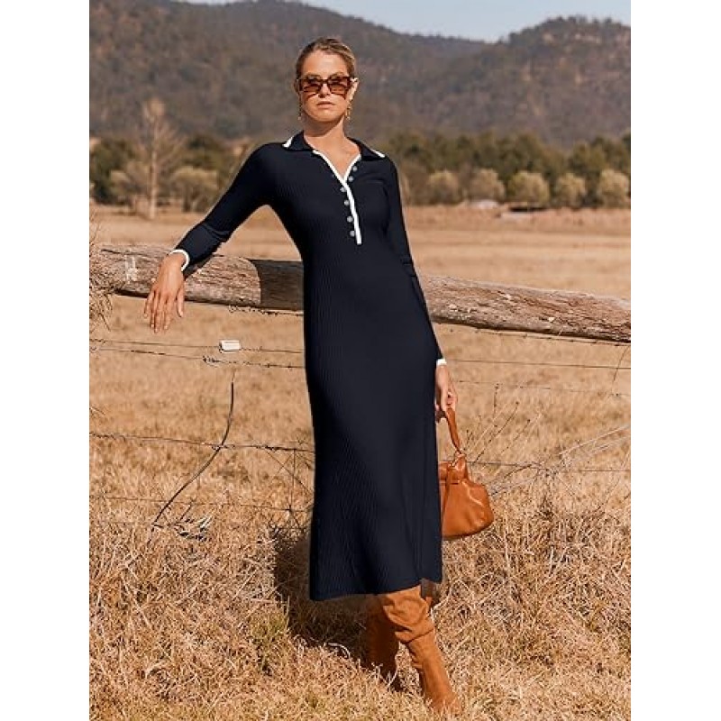 MEROKEETY 여성용 긴 소매 V 넥 스웨터 드레스 버튼 리브 니트 슬림 피트 우아한 맥시 드레스