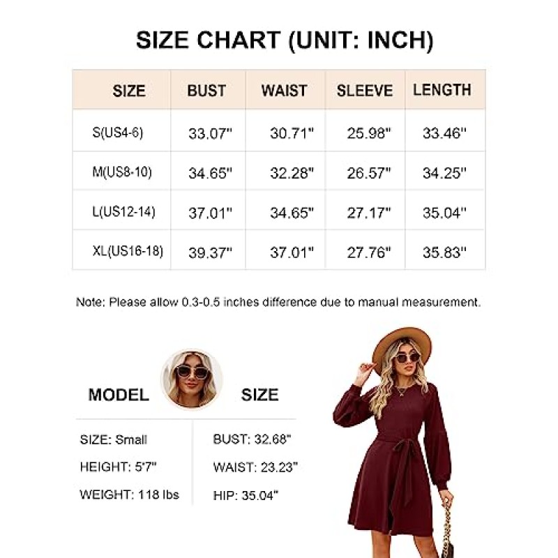 SHERRYRISE 여성 니트 드레스 긴 소매 크루 넥 짧은 드레스 Babydoll 스웨터 드레스와 포켓 벨트 2023