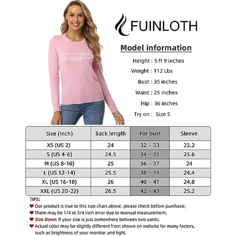 Fuinloth 여성용 스웨터, 경량 크루넥 긴소매 풀오버