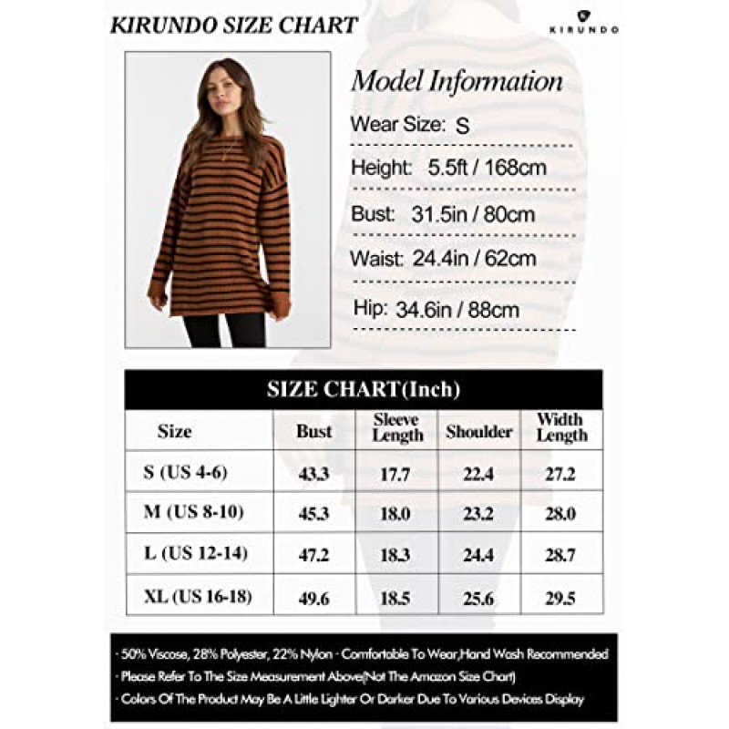 KIRUNDO 여성 2023 가을 겨울 오버사이즈 긴 소매 스트라이프 스웨터 캐주얼 크루넥 사이드 스플릿 풀오버 니트 탑