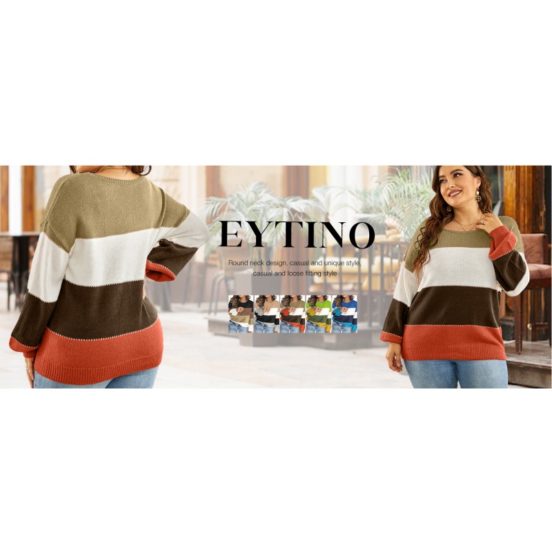 Eytino Womens 플러스 사이즈 스웨터 캐주얼 긴 소매 크루넥 컬러 블록 니트 풀오버 점퍼 탑(1X-5X)