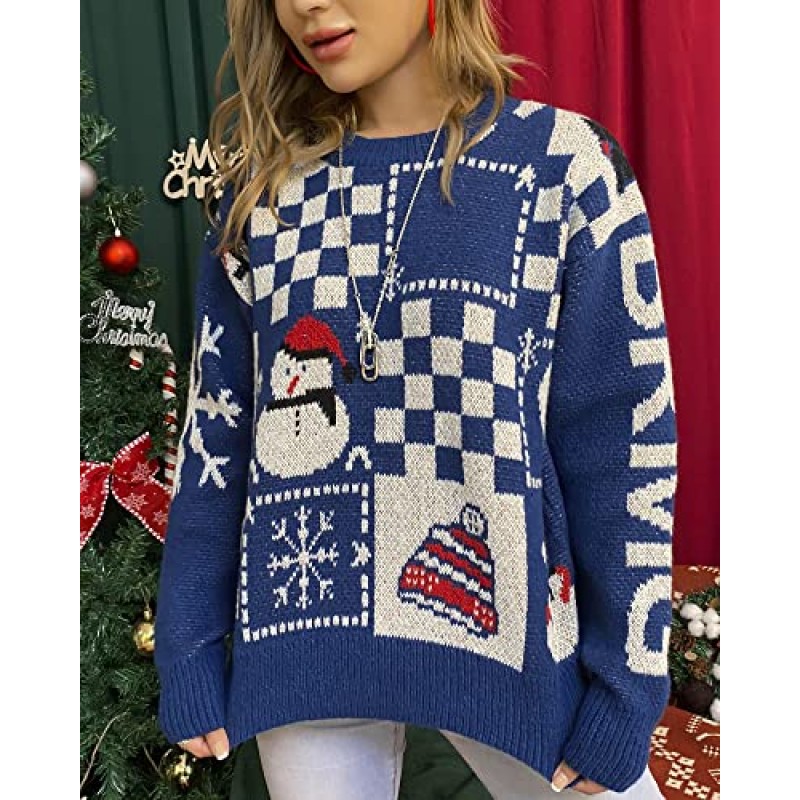 Fashionme 여성 추악한 크리스마스 스웨터 풀오버 휴일 부드러운 경량 따뜻한 Crewneck Chunky 스웨터