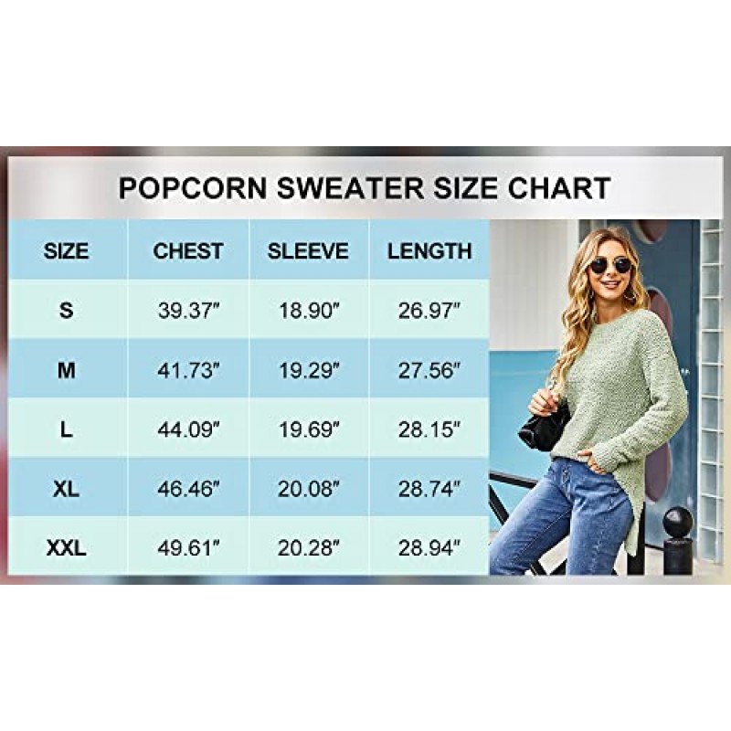 Qearal 여성용 긴 소매 퍼지 니트 스웨터 팝콘 사이드 스플릿 루즈 풀오버 탑
