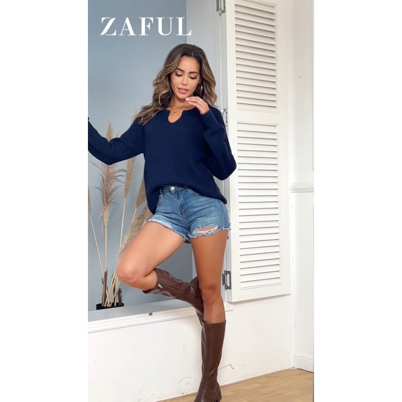 ZAFUL 스웨터 여성용 V 넥 긴 소매 골지 니트 기본 풀오버 스웨터