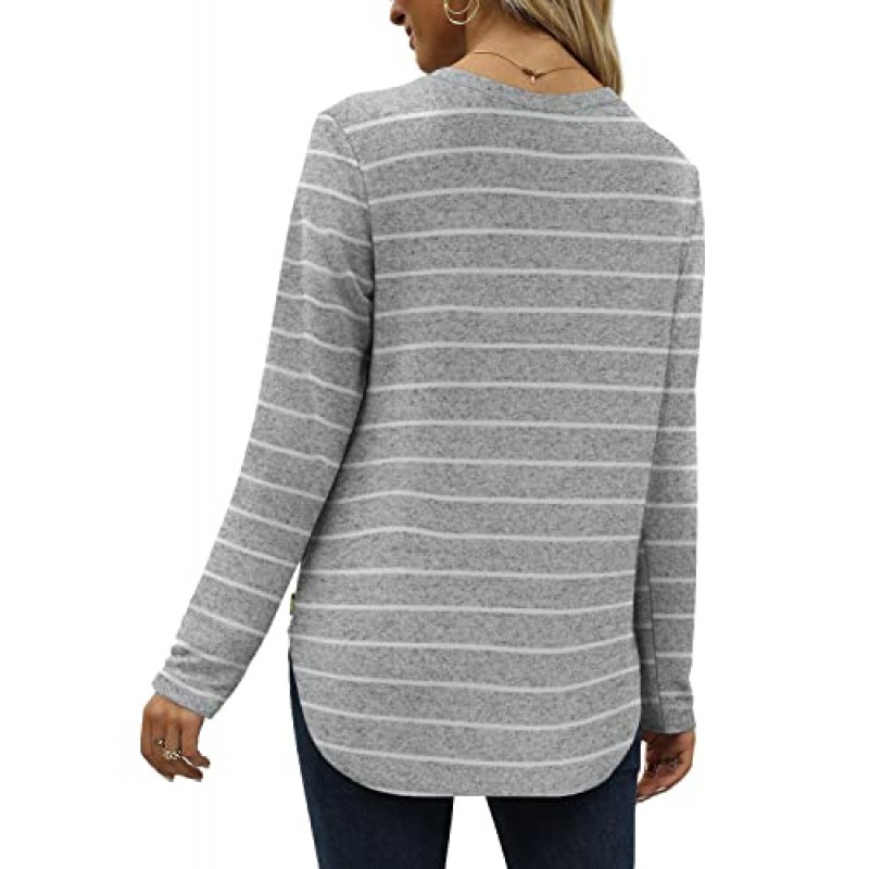 WEESO 여성용 긴 소매 셔츠 경량 크루 넥 버튼 다운 스웨터 튜닉 탑