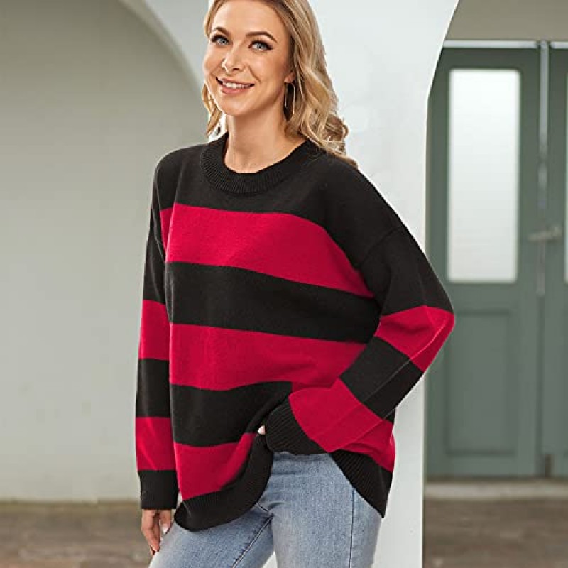 Fantaslook 스트라이프 스웨터 여성 크루넥 오버사이즈 풀오버 스웨터 니트 컬러 블록