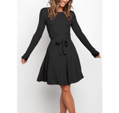 Caracilia 여성용 긴 소매 스웨터 드레스 크루 넥 A 라인 스윙 슬림 피트 립 니트 짧은 드레스 (벨트 포함)