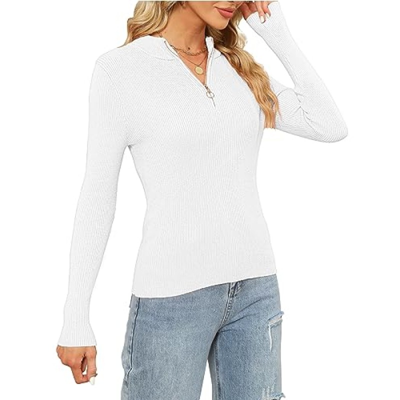 Klousilover 여성 가을 ​​패션 2023 쿼터 지퍼 긴 소매 풀오버 니트 슬림 피팅 스웨터 탑
