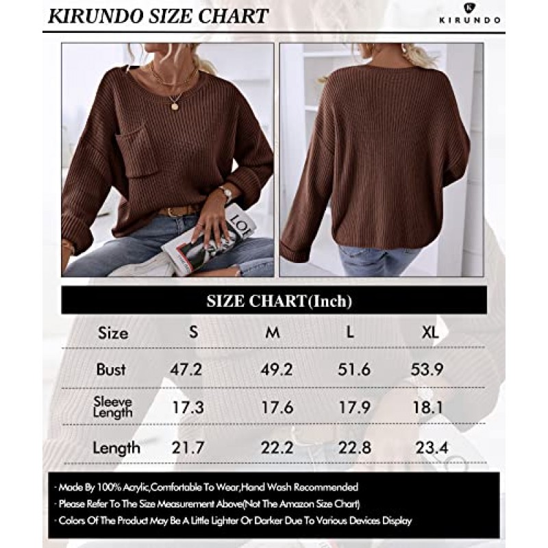 KIRUNDO 여성 패션 가을 2023 긴 소매 오버 사이즈 크루 넥 자른 스웨터 겨울 소프트 니트 풀오버 (포켓 포함)