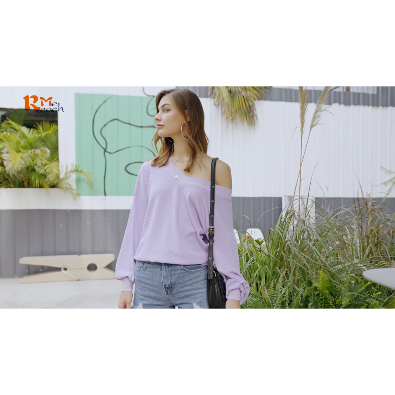 ReachMe 여성용 오버사이즈 오프 숄더 탑 긴 소매 와플 니트 셔츠 V 넥 풀오버 스웨터
