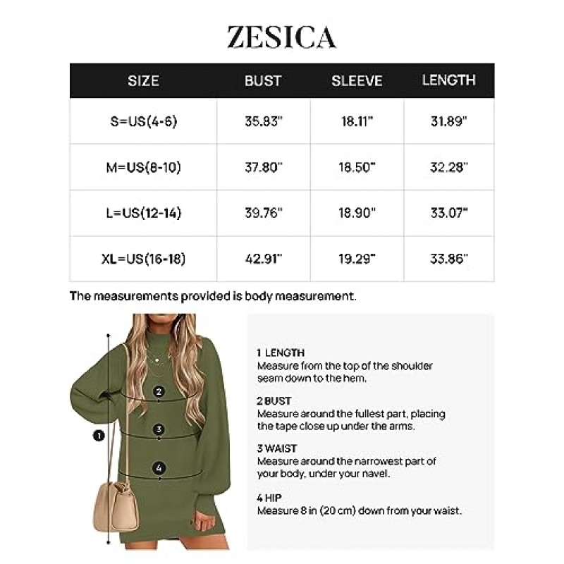 ZESICA 여성용 2023 가을 터틀넥 스웨터 드레스 오버 사이즈 긴 랜턴 슬리브 캐주얼 니트 풀오버 짧은 드레스