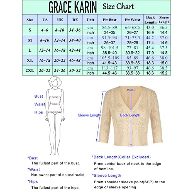 GRACE KARIN 여성 자른 카디건 어깨 걸이 드레스 스웨터 중공 니트 1/2 슬리브 경량 버튼 다운