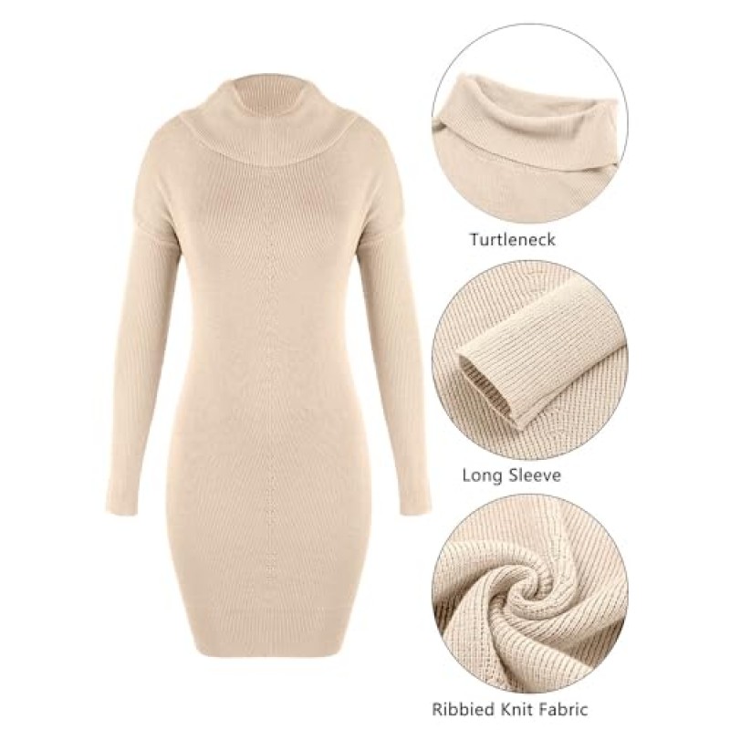 Baccarri Womens Sweater Dress 터틀넥 긴 소매 풀오버 스웨터 2023 늑골이있는 니트 드레스 가을 유행 의상