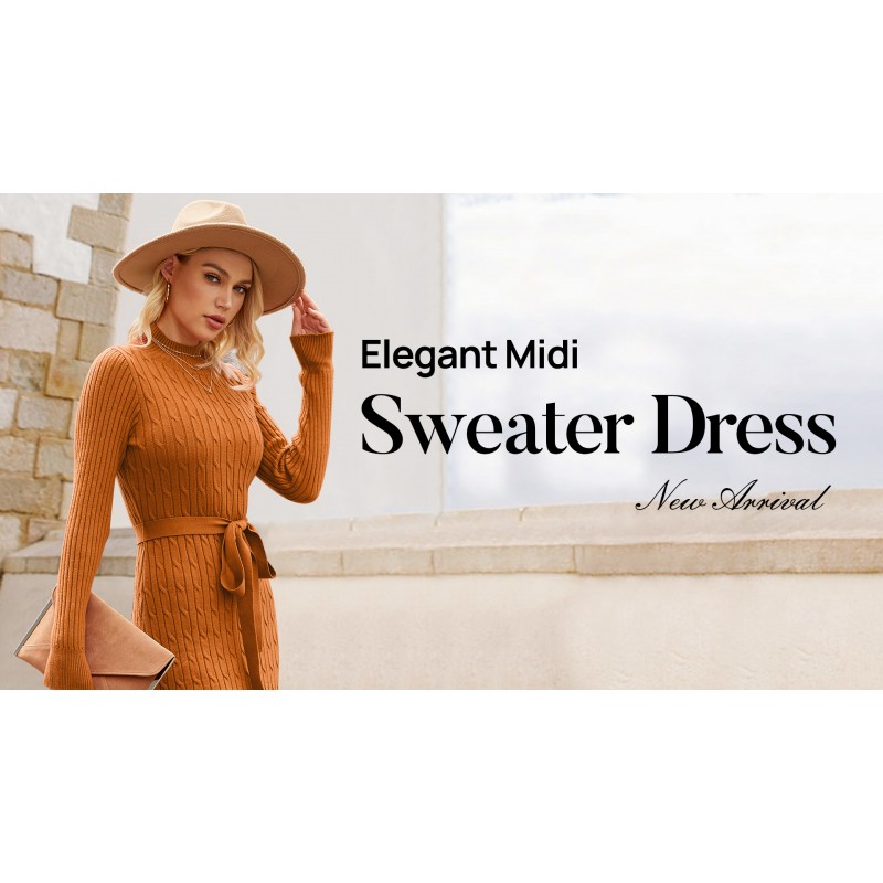 MEROKEETY 여성용 2023 긴 소매 케이블 니트 스웨터 드레스 모의 목 슬릿 미디 바디콘 드레스(벨트 포함)
