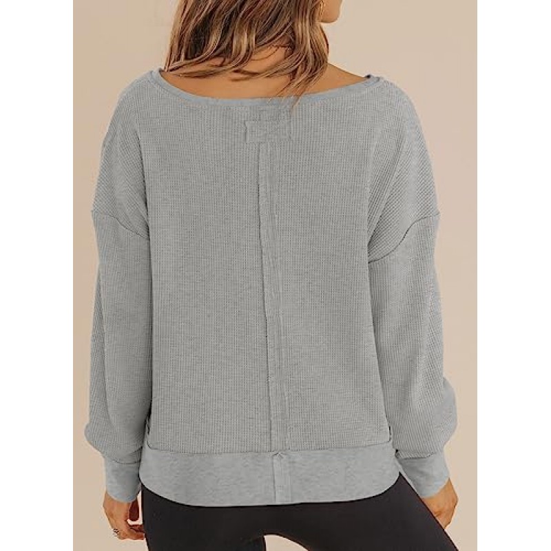 Dokotoo Womens Crop Tops 캐주얼 긴팔 셔츠 와플 니트 크롭 스웨터 풀오버 스웨터