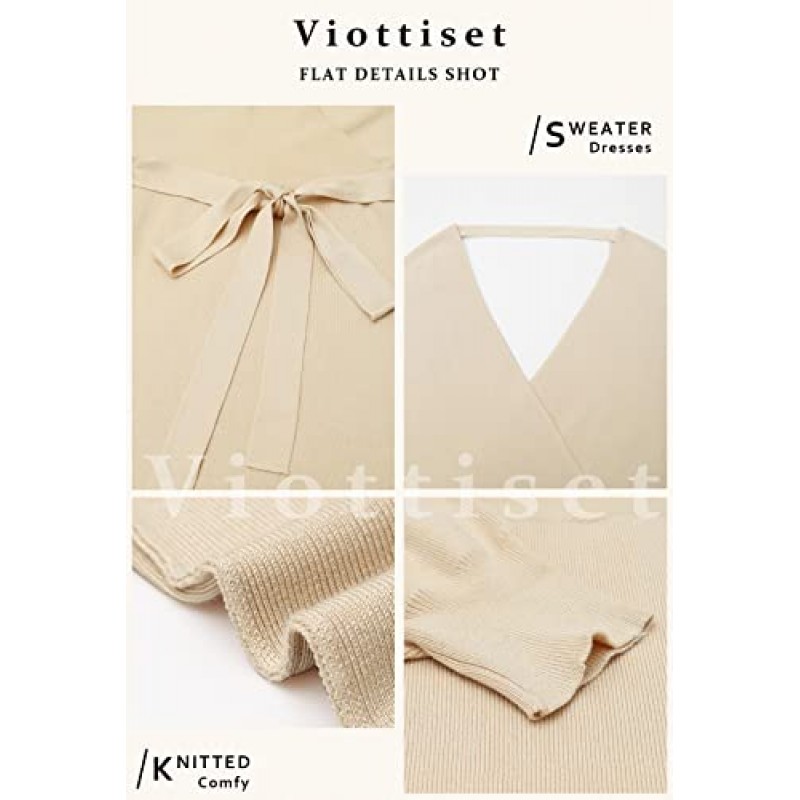 Viottiset 여성용 V 넥 긴 배트윙 슬리브 랩 미디 니트 스웨터 드레스 벨트 슬릿이 있는 우아한 백레스