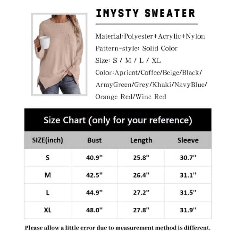 Imysty Womens Sweater Crewneck 긴 소매 사이드 슬릿 캐주얼 풀오버 스웨터 니트 점퍼 탑