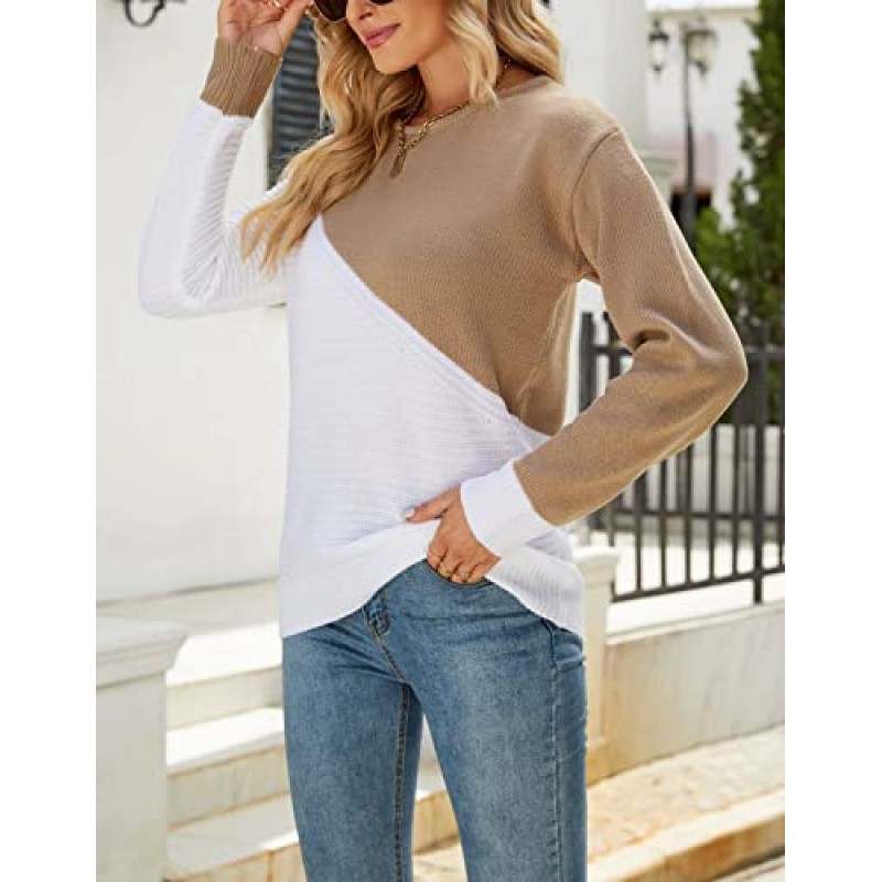 Shermie 여성용 긴 소매 크루 넥 니트 스웨터 스티치 컬러 블록 루즈 캐주얼 풀오버 스웨터