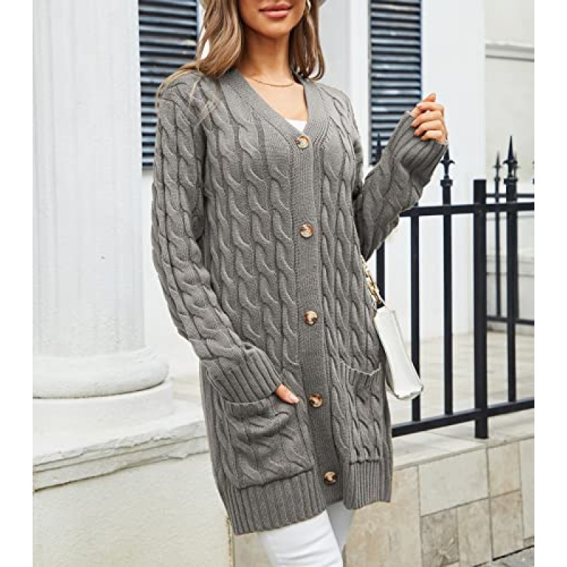 여성용 트위스트 케이블 니트 카디건 드레이프 롱 스웨터 코트(사이드 포켓 ​​포함) 버튼 전면 가을 겨울 아웃웨어