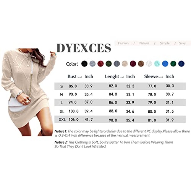Dyexces 여자 스웨터 드레스 긴 소매 Crewneck 다이아몬드 니트 스웨터 드레스 섹시 슬림 맞는 풀오버 드레스