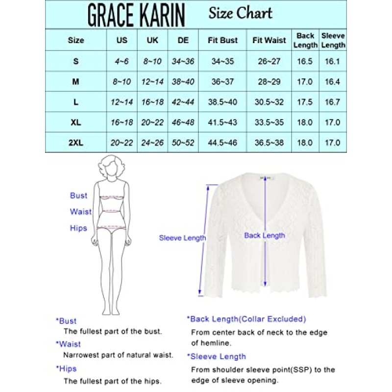 GRACE KARIN 여성 3/4 슬리브 속이 빈 크롭 카디건 스웨터 오픈 프론트 경량 어깨 걸이