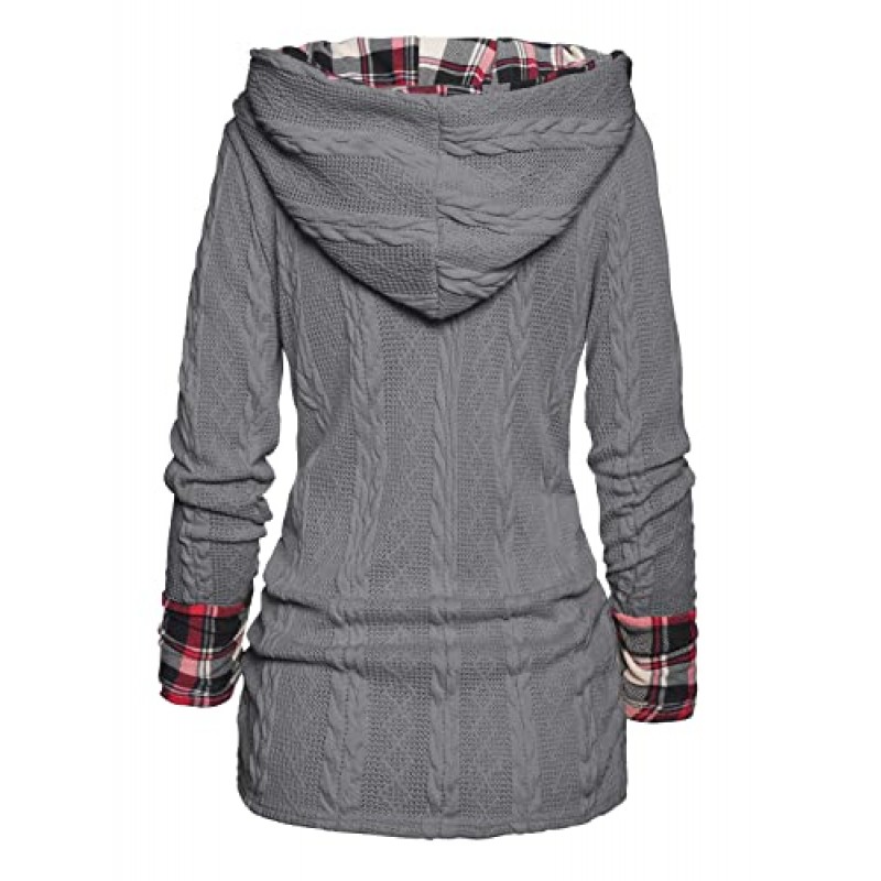 ZEZCLO 여성용 트위스트 케이블 니트 체크 무늬 프린트 후드 스웨터 모의 버튼 셔링 숄 넥 니트 탑