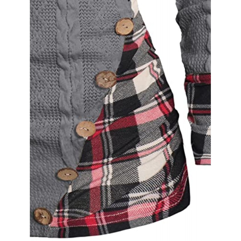 ZEZCLO 여성용 트위스트 케이블 니트 체크 무늬 프린트 후드 스웨터 모의 버튼 셔링 숄 넥 니트 탑