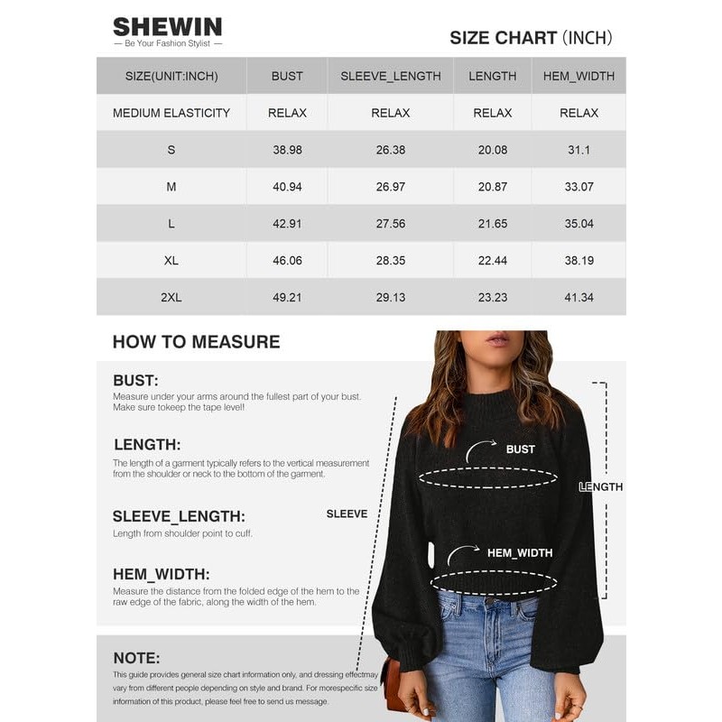 SHEWIN 여성용 크루넥 랜턴 긴 소매 드롭 숄더 캐주얼 니트 풀오버 스웨터 점퍼 탑