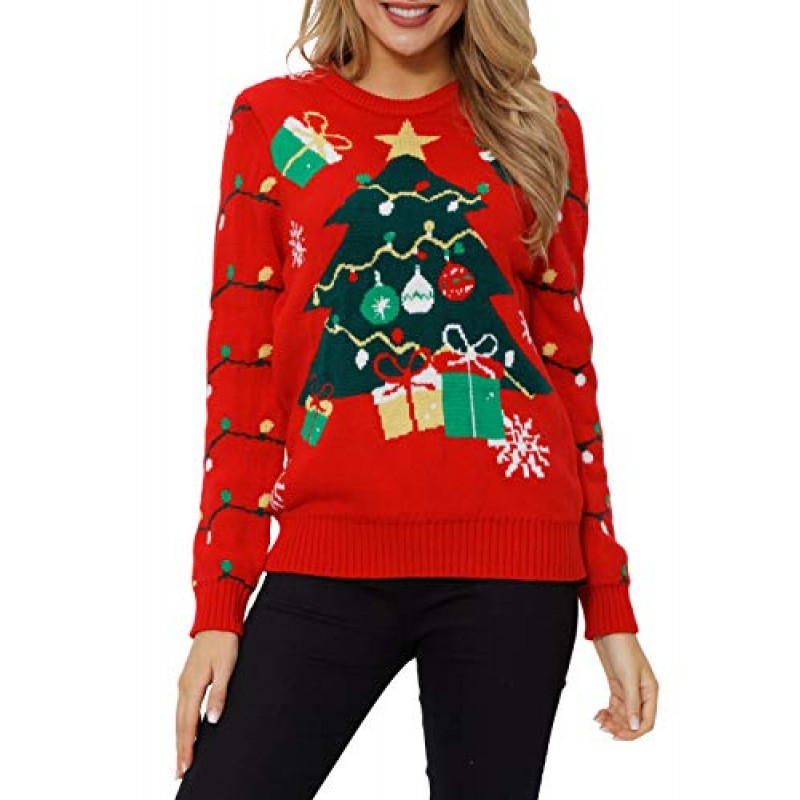 VENTELAN 여성용 크리스마스 스웨터 재미 있은 크리스마스 트리 추악한 풀오버 눈송이 긴 소매 스웨터 셔츠
