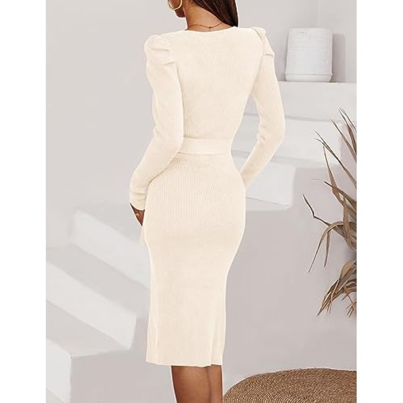 ZESICA 여성용 2023 긴 소매 스웨터 드레스 리브 니트 크루 넥 타이 허리 바디콘 슬릿 미디 드레스
