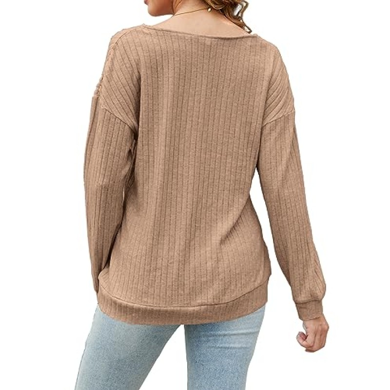 Heymiss Womens Sweater 가을 긴 소매 탑 V 넥 레이스 트림 스웨트 캐주얼 튜닉 탑 S-2XL