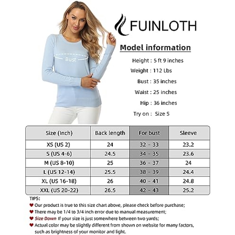 Fuinloth 여성용 스웨터, 경량 크루넥 긴소매 풀오버