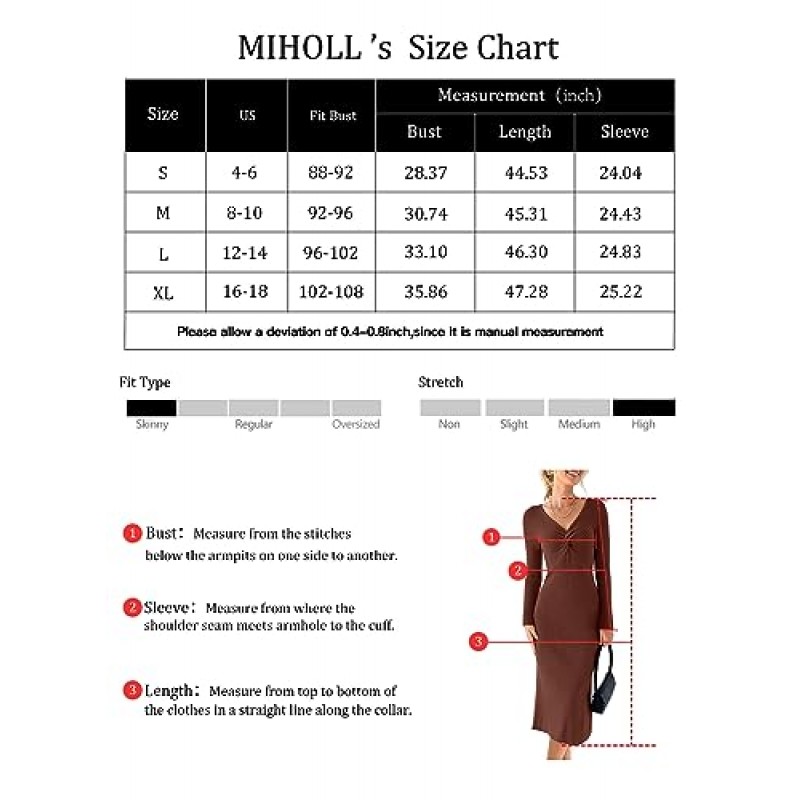 MIHOLL Womens 2023 스웨터 드레스 긴 소매 V 넥 트위스트 프론트 슬림 피트 리브 니트 바디콘 미디 드레스